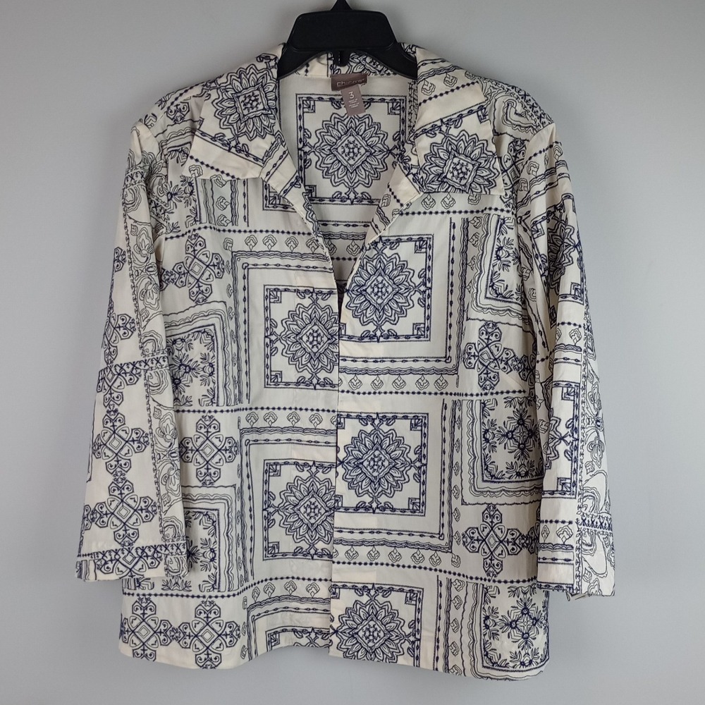 Chicos Women XL White Blue Embroidered Cotton Blend Mandala Boho Button Up Shirt